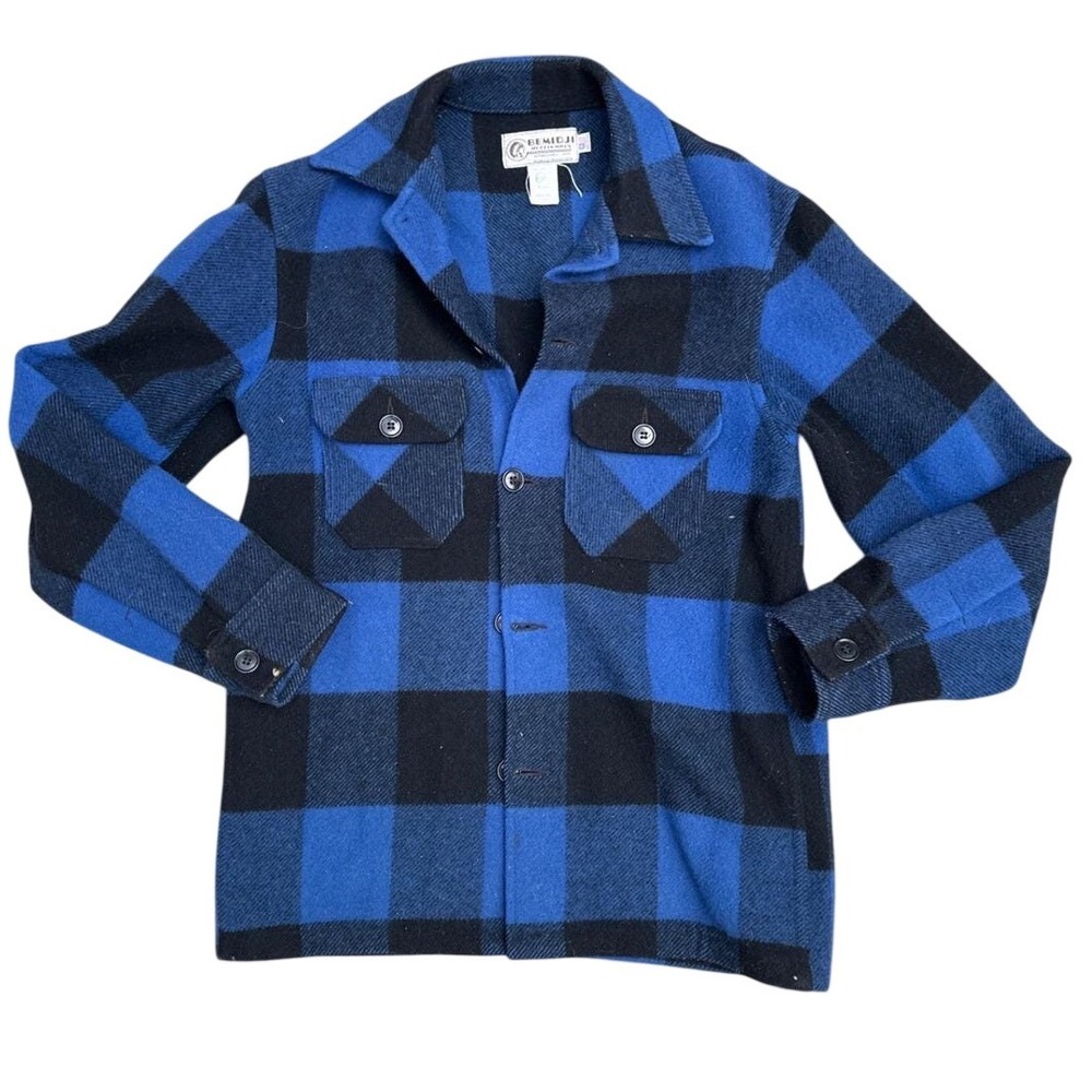 70's Bemidji Woolen Mills Blue Buffalo Plaid Wool Shirt Jacket Mens Medium Long